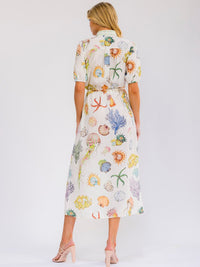 WOMEN'S SHORT SLEEVE SELF TIE BUTTON UP MULTI PRINT MAXI DRESS
