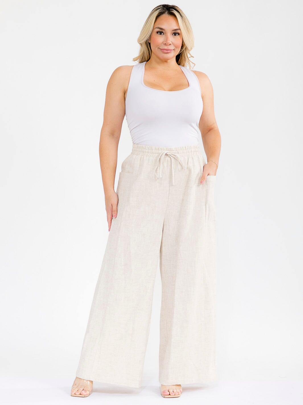 PLUS SIZE ELASTIC WAIST POCKETS WIDE LEG PALAZZO LINEN PANTS