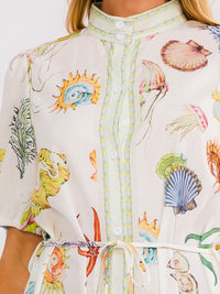 WOMEN'S SHORT SLEEVE SELF TIE BUTTON UP MULTI PRINT MAXI DRESS