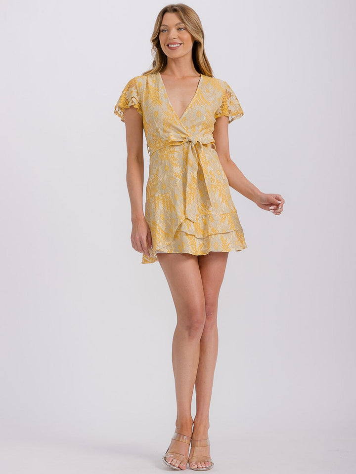 WOMEN'S SHORT SLEEVE SURPLICE SELF TIE FLORAL MINI DRESS