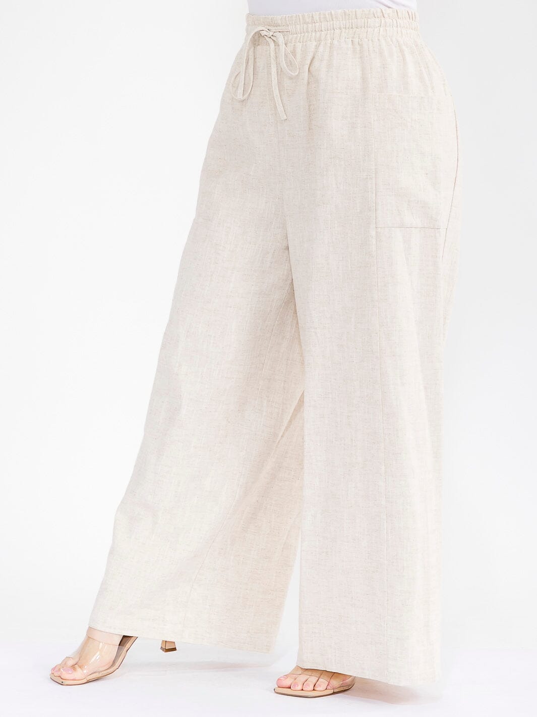PLUS SIZE ELASTIC WAIST POCKETS WIDE LEG PALAZZO LINEN PANTS