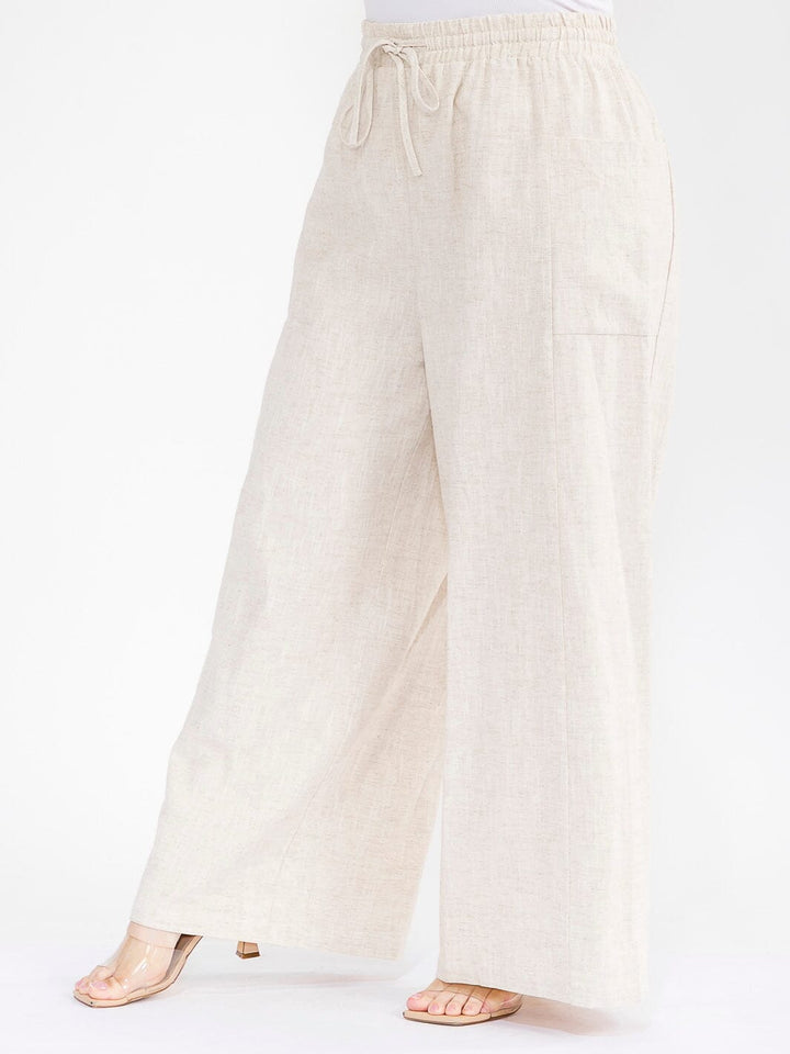 PLUS SIZE ELASTIC WAIST POCKETS WIDE LEG PALAZZO LINEN PANTS