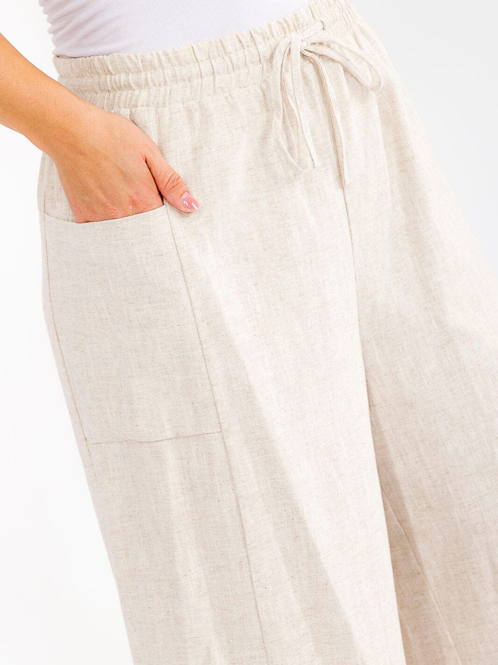 PLUS SIZE ELASTIC WAIST POCKETS WIDE LEG PALAZZO LINEN PANTS