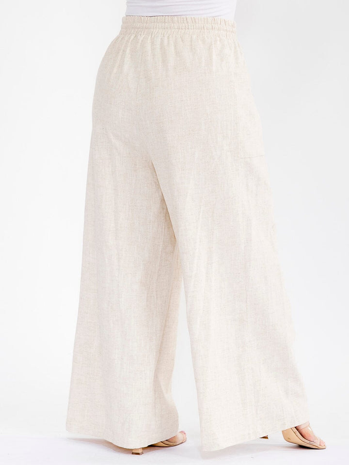 PLUS SIZE ELASTIC WAIST POCKETS WIDE LEG PALAZZO LINEN PANTS