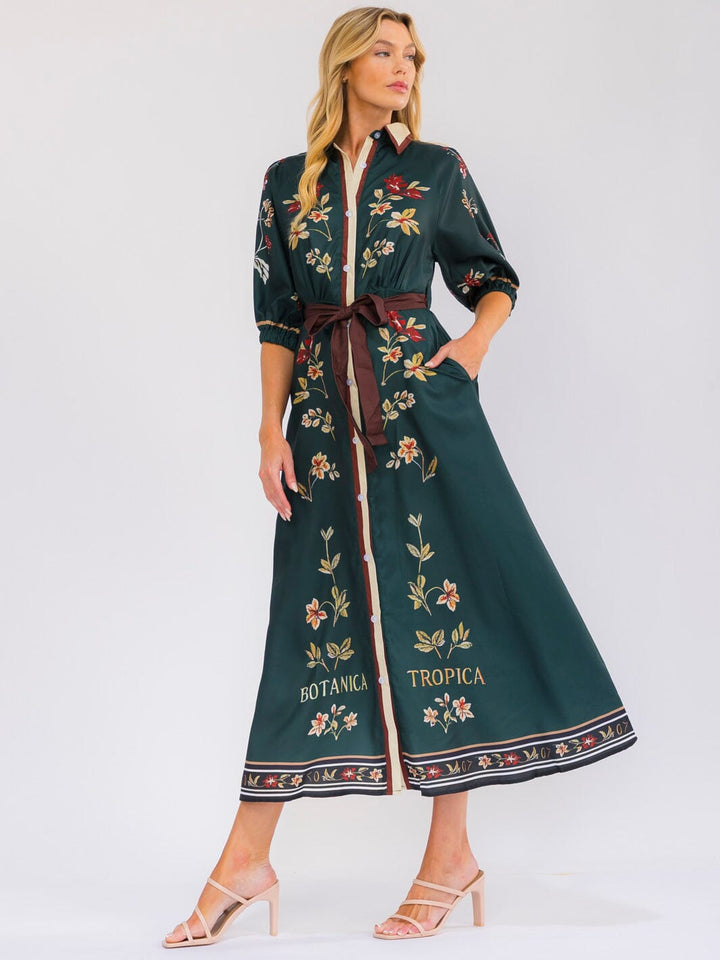 WOMEN'S 3/4 SLEEVE BUTTON UP SELF TIE FRONT POCKETS MULTI PRINT MAXI DRESS