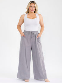 PLUS SIZE ELASTIC WAIST POCKETS WIDE LEG PALAZZO LINEN PANTS