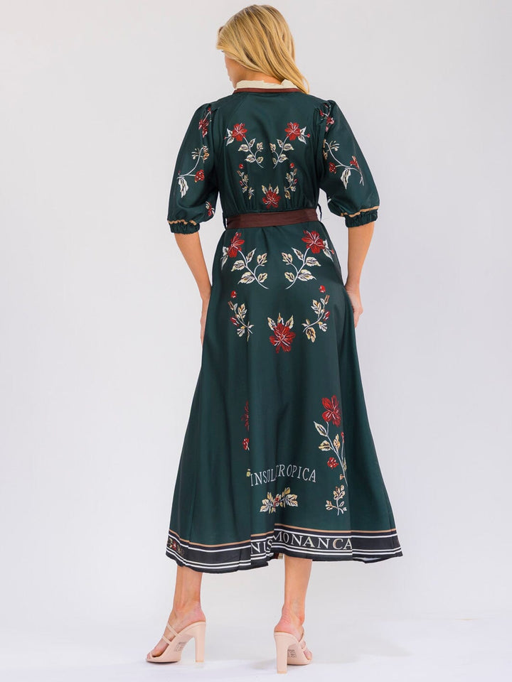 WOMEN'S 3/4 SLEEVE BUTTON UP SELF TIE FRONT POCKETS MULTI PRINT MAXI DRESS
