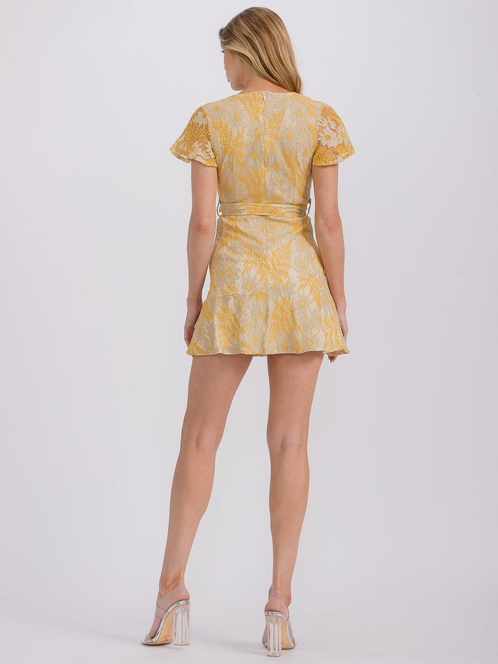 WOMEN'S SHORT SLEEVE SURPLICE SELF TIE FLORAL MINI DRESS