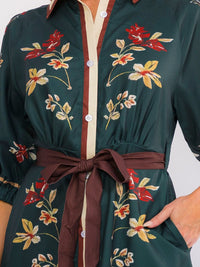 WOMEN'S 3/4 SLEEVE BUTTON UP SELF TIE FRONT POCKETS MULTI PRINT MAXI DRESS