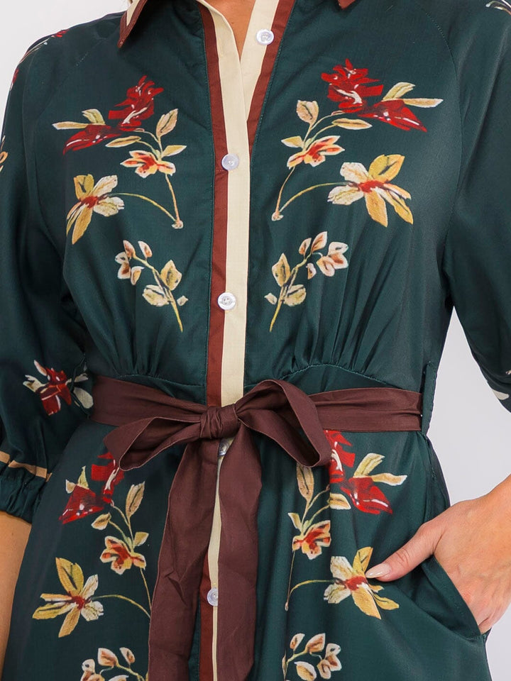 WOMEN'S 3/4 SLEEVE BUTTON UP SELF TIE FRONT POCKETS MULTI PRINT MAXI DRESS