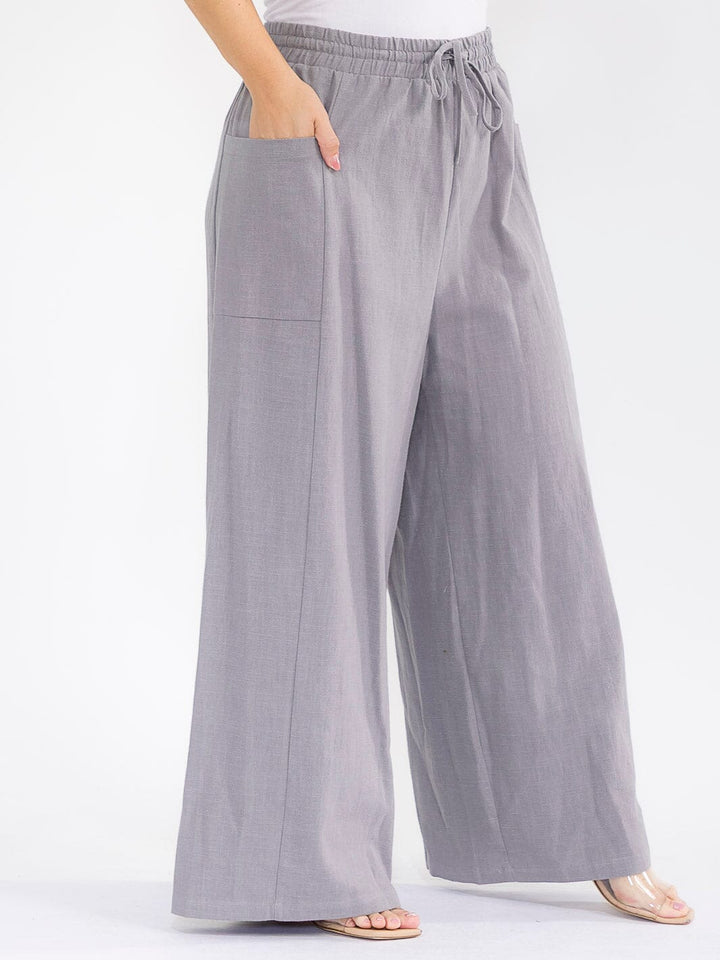 PLUS SIZE ELASTIC WAIST POCKETS WIDE LEG PALAZZO LINEN PANTS