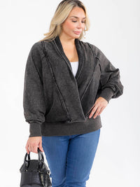 PLUS SIZE LONG SLEEVE OPEN FRONT PULLOVER WASHED SWEATER