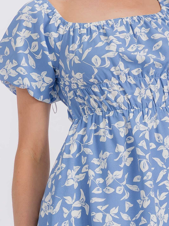 WOMEN'S SHORT SLEEVE ELASTIC WAIST FLORAL MINI DRESS