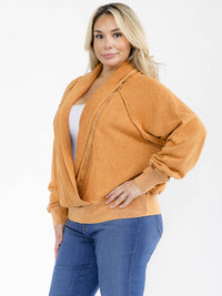 PLUS SIZE LONG SLEEVE OPEN FRONT PULLOVER WASHED SWEATER