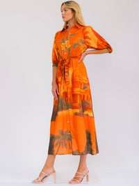 WOMEN'S 3/4 SLEEVE BUTTON UP SELF TIE FRONT POCKETS MULTI PRINT MAXI DRESS