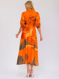 WOMEN'S 3/4 SLEEVE BUTTON UP SELF TIE FRONT POCKETS MULTI PRINT MAXI DRESS