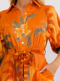 WOMEN'S 3/4 SLEEVE BUTTON UP SELF TIE FRONT POCKETS MULTI PRINT MAXI DRESS