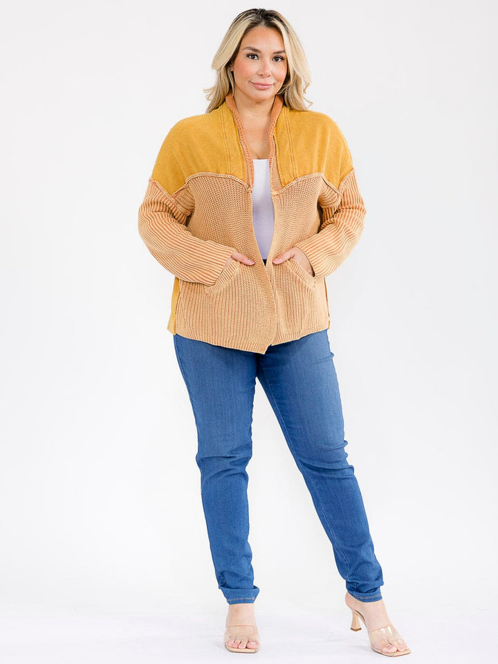 PLUS SIZE LONG SLEEVE OPEN FRONT POCKETS WASHED CARDIGAN