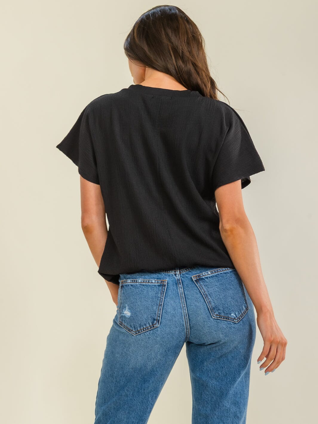 ENTRO WOMEN'S SHORT SLEEVE V-NECK BUBBLE WAIST TOP