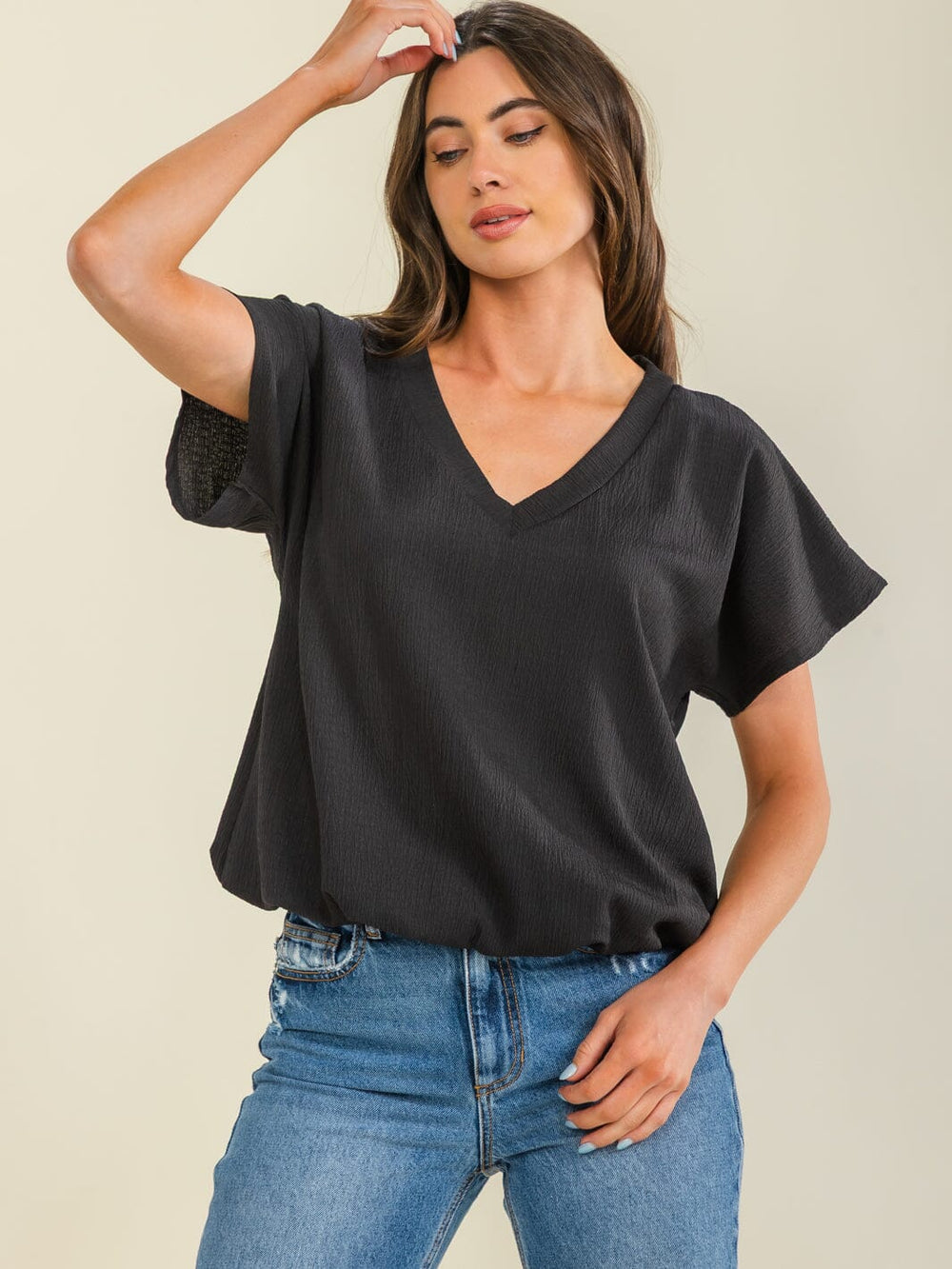 ENTRO WOMEN'S SHORT SLEEVE V-NECK BUBBLE WAIST TOP
