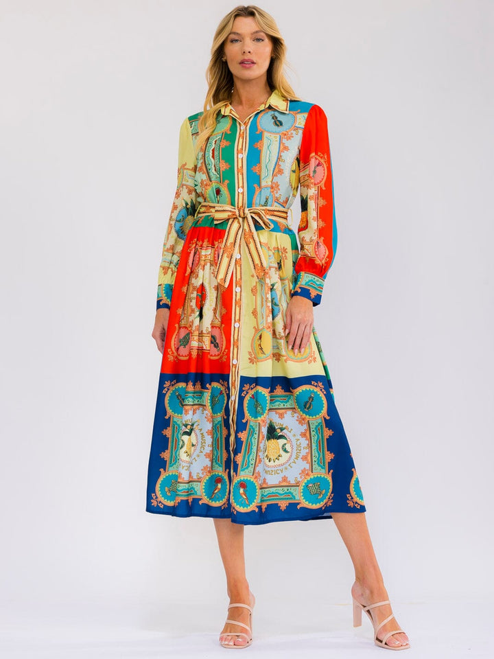 WOMEN'S LONG SLEEVE SELF TIE BUTTON UP MULTI PRINT MIDI DRESS