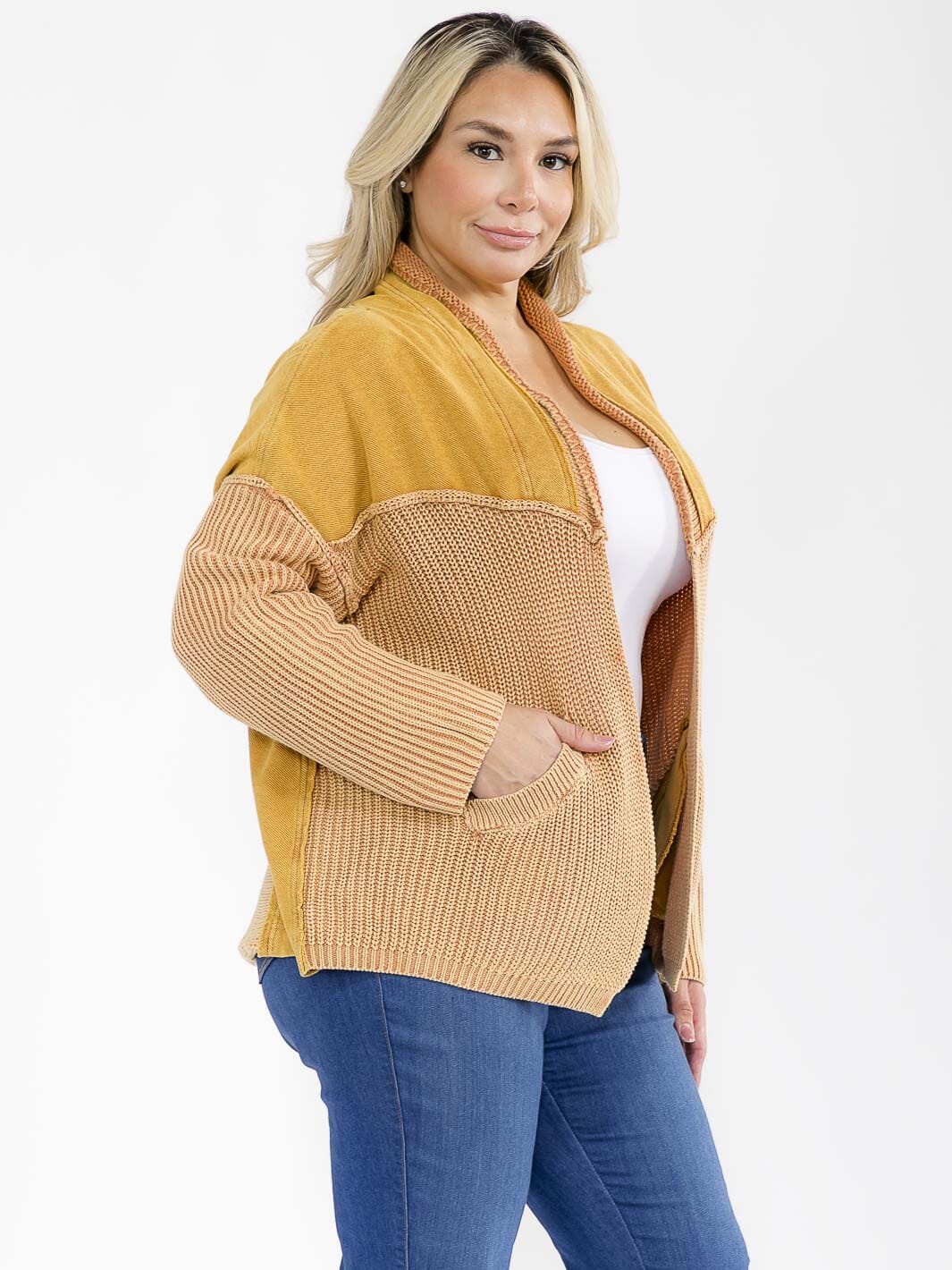 PLUS SIZE LONG SLEEVE OPEN FRONT POCKETS WASHED CARDIGAN