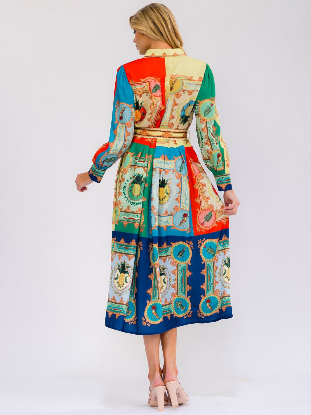WOMEN'S LONG SLEEVE SELF TIE BUTTON UP MULTI PRINT MIDI DRESS