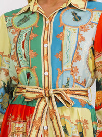 WOMEN'S LONG SLEEVE SELF TIE BUTTON UP MULTI PRINT MIDI DRESS