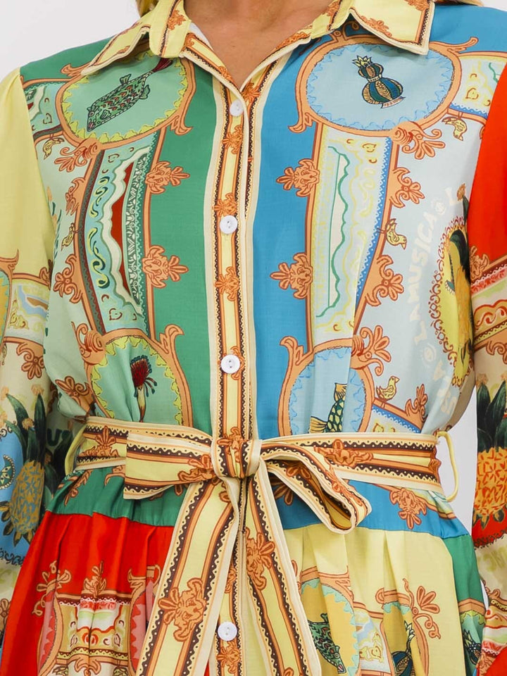 WOMEN'S LONG SLEEVE SELF TIE BUTTON UP MULTI PRINT MIDI DRESS