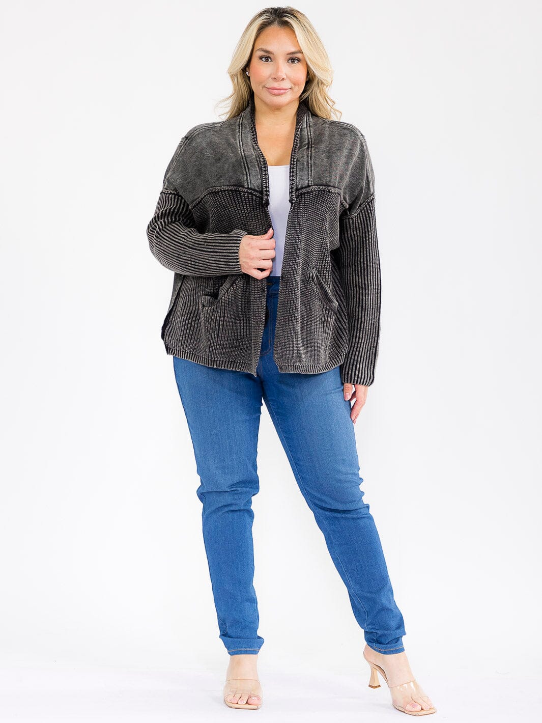 PLUS SIZE LONG SLEEVE OPEN FRONT POCKETS WASHED CARDIGAN