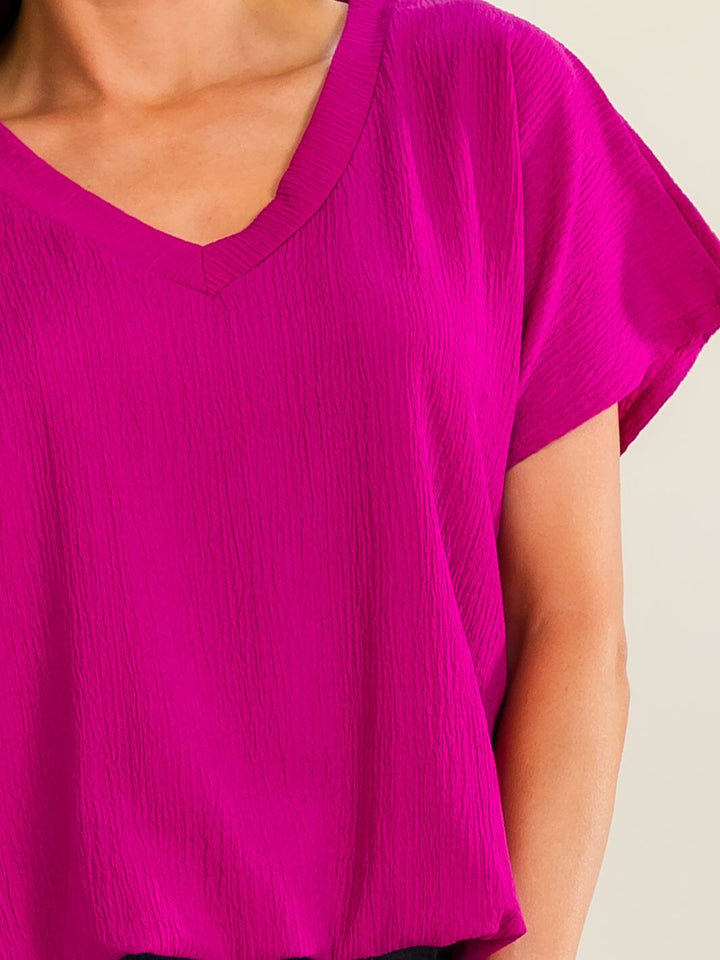 ENTRO WOMEN'S SHORT SLEEVE V-NECK BUBBLE WAIST TOP