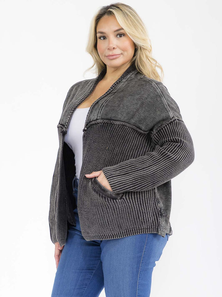 PLUS SIZE LONG SLEEVE OPEN FRONT POCKETS WASHED CARDIGAN