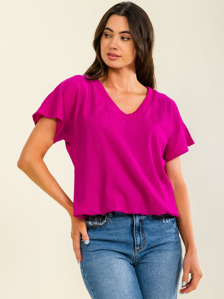 ENTRO WOMEN'S SHORT SLEEVE V-NECK BUBBLE WAIST TOP