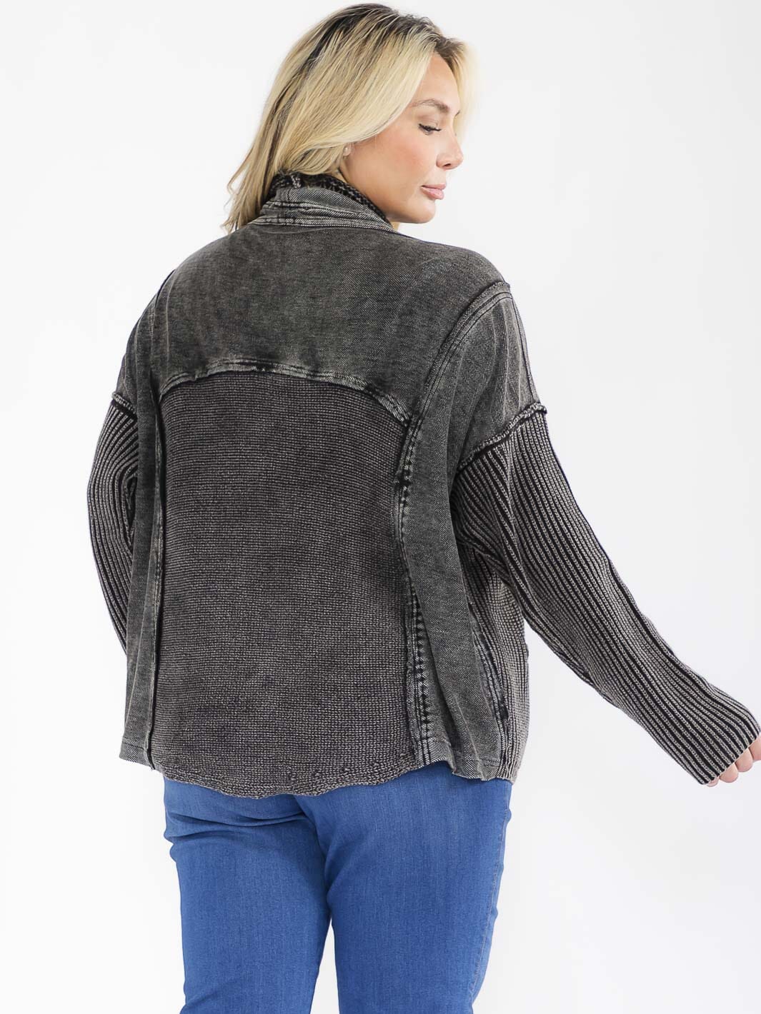 PLUS SIZE LONG SLEEVE OPEN FRONT POCKETS WASHED CARDIGAN