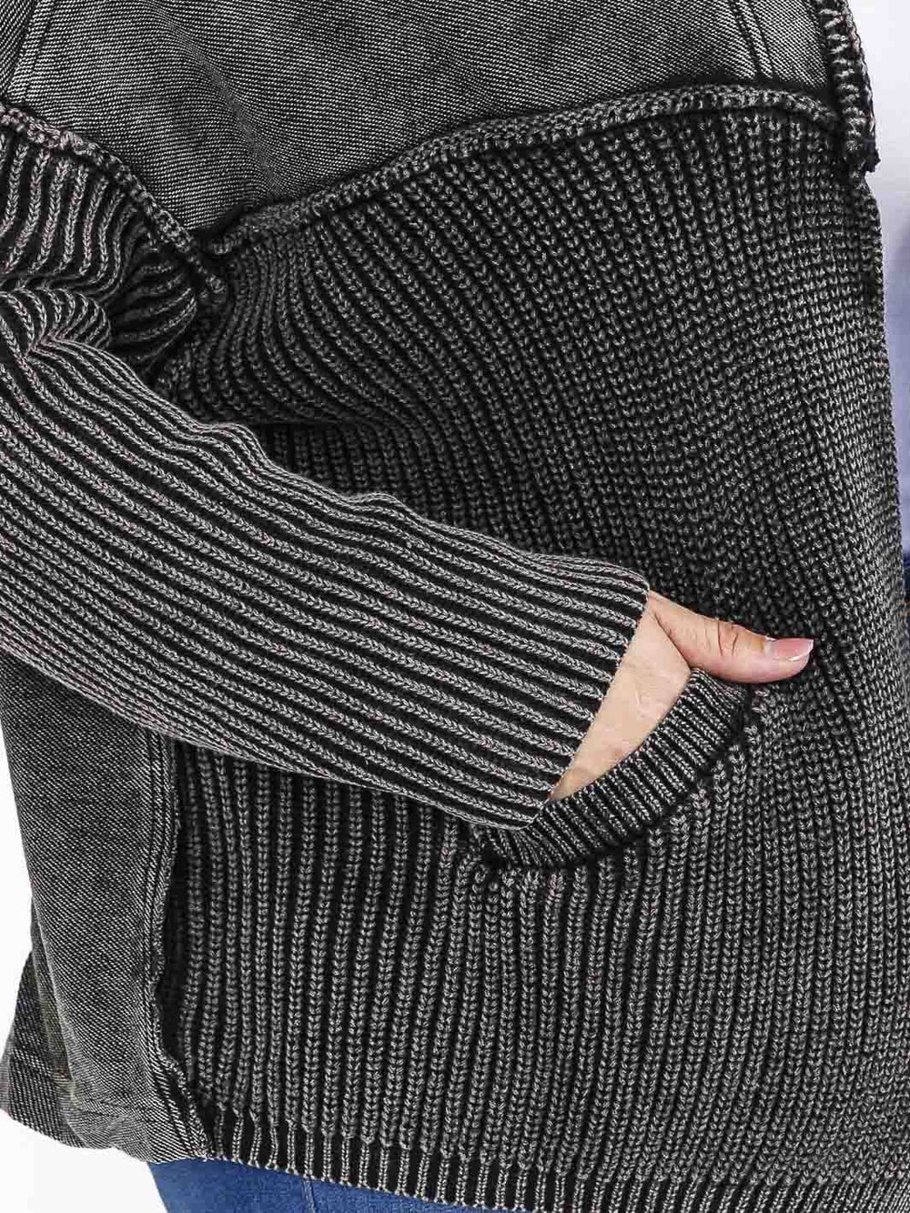 PLUS SIZE LONG SLEEVE OPEN FRONT POCKETS WASHED CARDIGAN