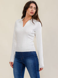 WOMEN'S LONG SLEEVE V-NECK RHINESTONES DETAILED BLOUSE