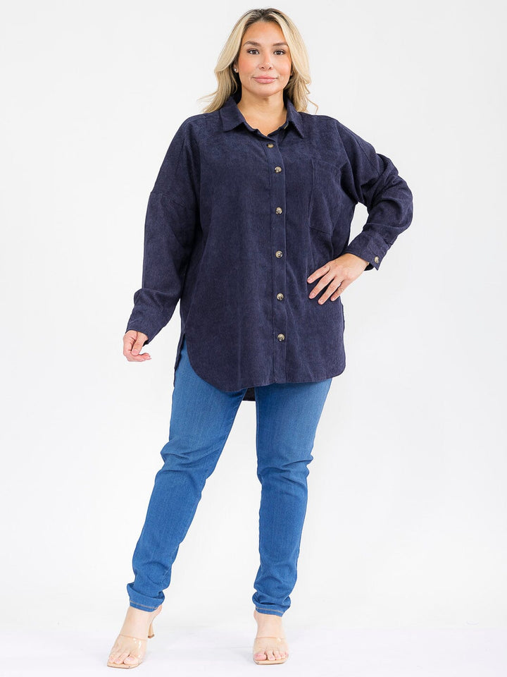 PLUS SIZE LONG SLEEVE FRONT POCKET BUTTON UP CORDUROY SHIRT