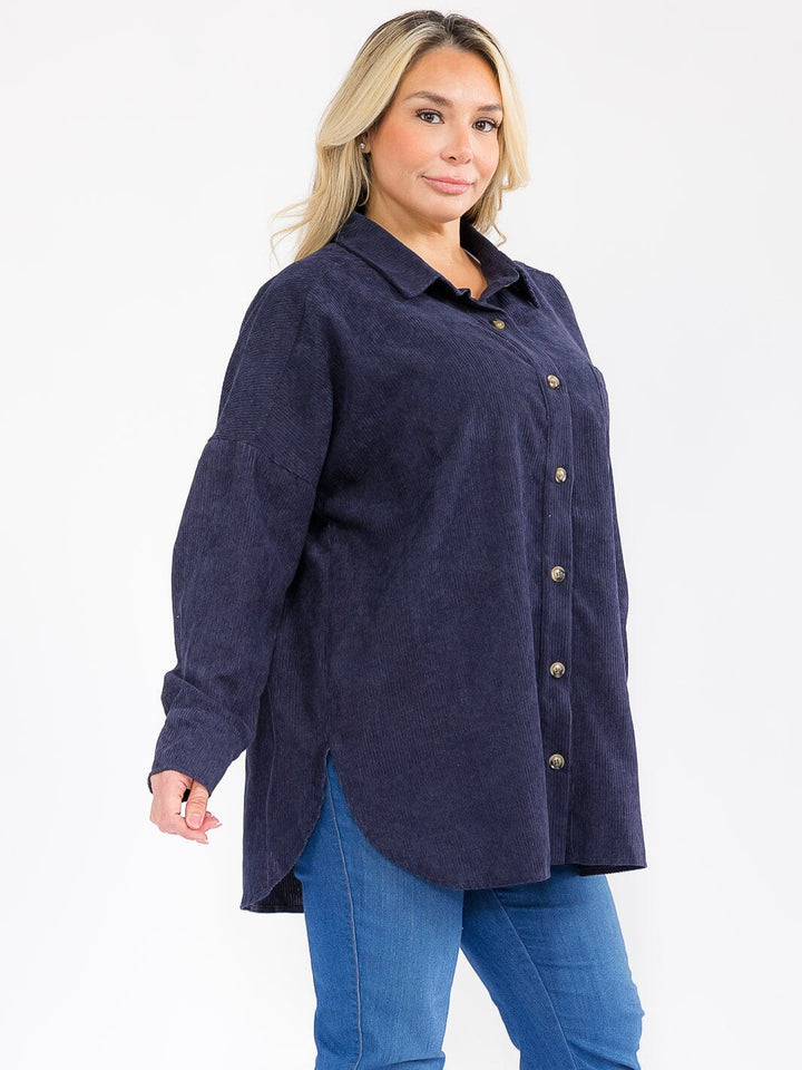PLUS SIZE LONG SLEEVE FRONT POCKET BUTTON UP CORDUROY SHIRT