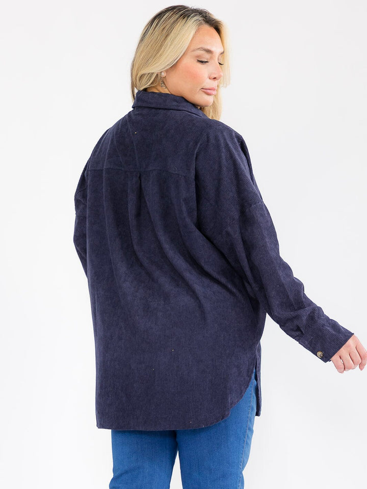 PLUS SIZE LONG SLEEVE FRONT POCKET BUTTON UP CORDUROY SHIRT