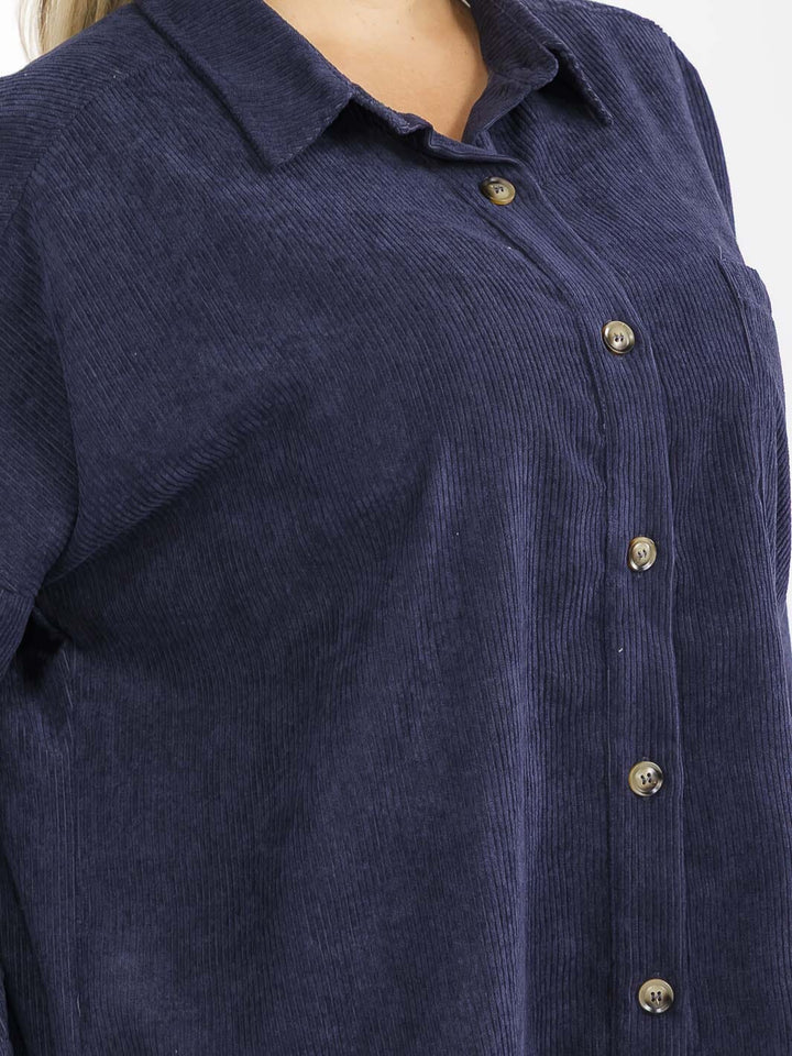 PLUS SIZE LONG SLEEVE FRONT POCKET BUTTON UP CORDUROY SHIRT