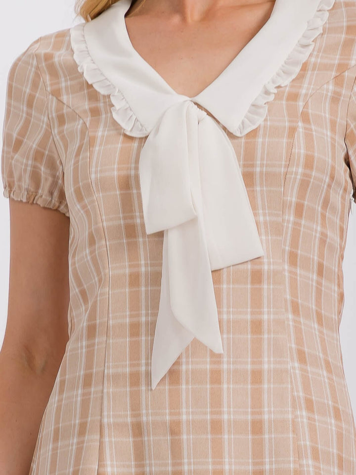 WOMEN'S SHORT SLEEVE V-NECK PLAID MINI DRESS