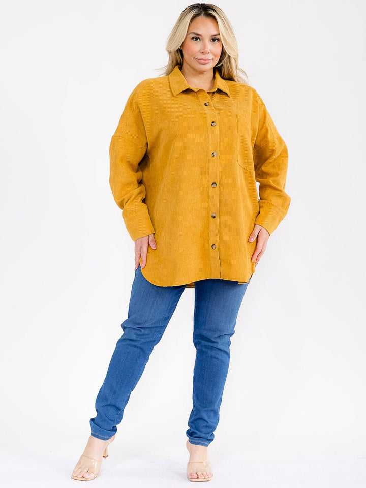 PLUS SIZE LONG SLEEVE FRONT POCKET BUTTON UP CORDUROY SHIRT