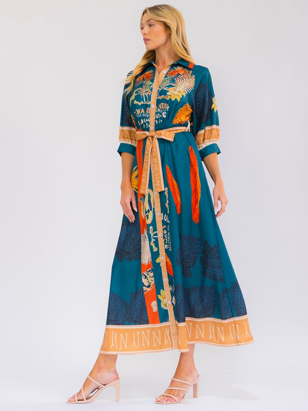 WOMEN'S 3/4 SLEEVE BUTTON UP SELF TIE FRONT POCKETS MULTI PRINT MAXI DRESS
