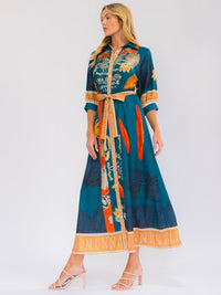 WOMEN'S 3/4 SLEEVE BUTTON UP SELF TIE FRONT POCKETS MULTI PRINT MAXI DRESS