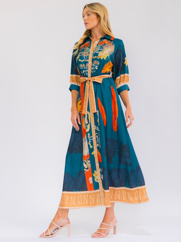 WOMEN'S 3/4 SLEEVE BUTTON UP SELF TIE FRONT POCKETS MULTI PRINT MAXI DRESS