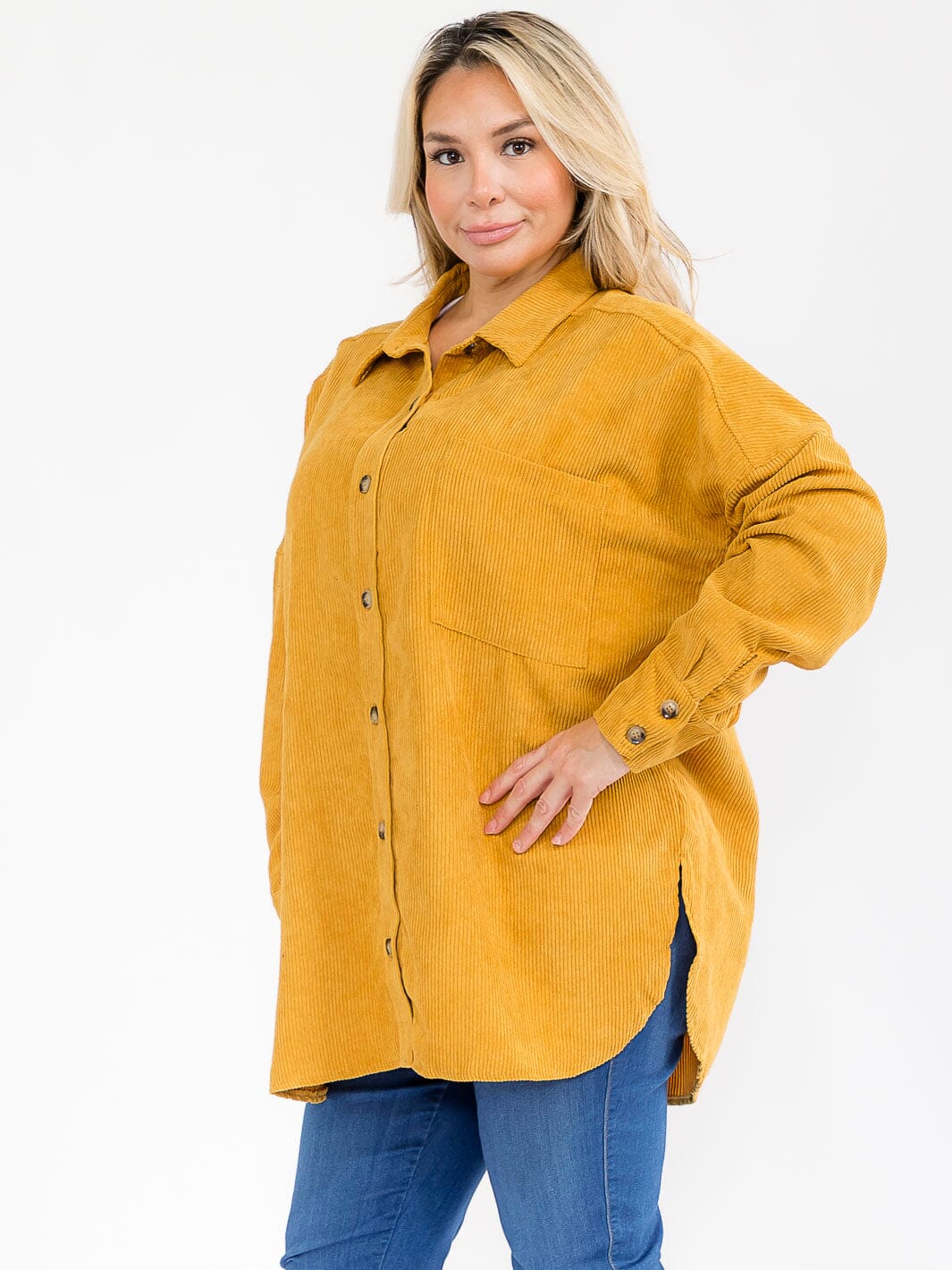PLUS SIZE LONG SLEEVE FRONT POCKET BUTTON UP CORDUROY SHIRT