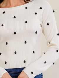 WOMEN'S LONG SLEEVE POM POM RIBBED TOP