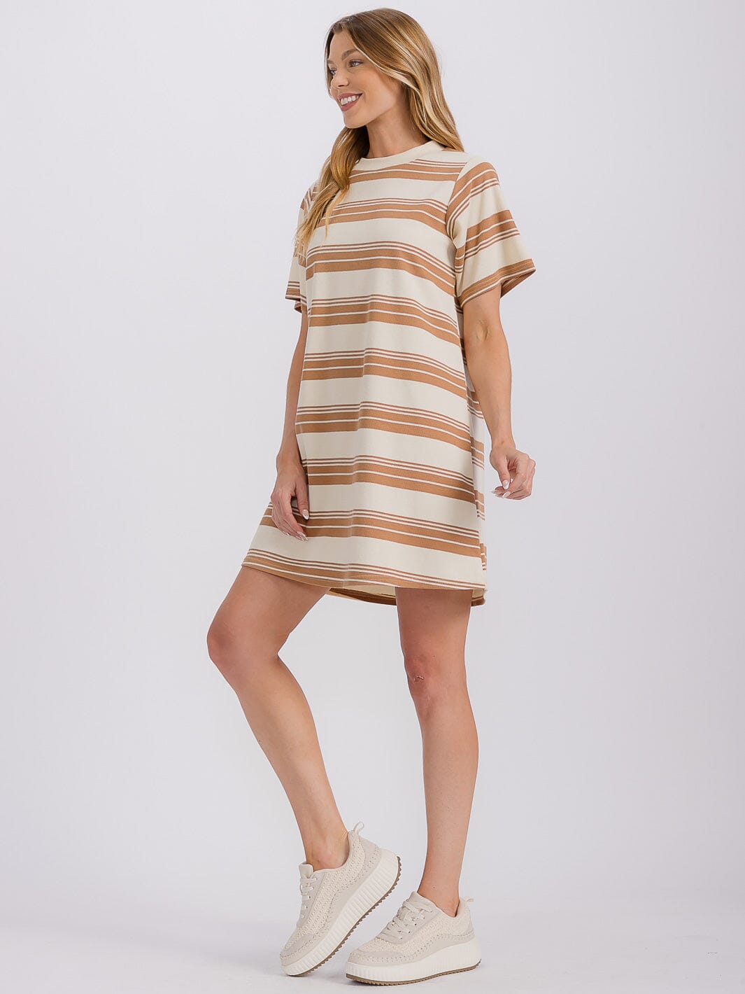WOMEN'S SHORT SLEEVE COLORBLOCK STRIPES LOOSE FIT MINI DRESS