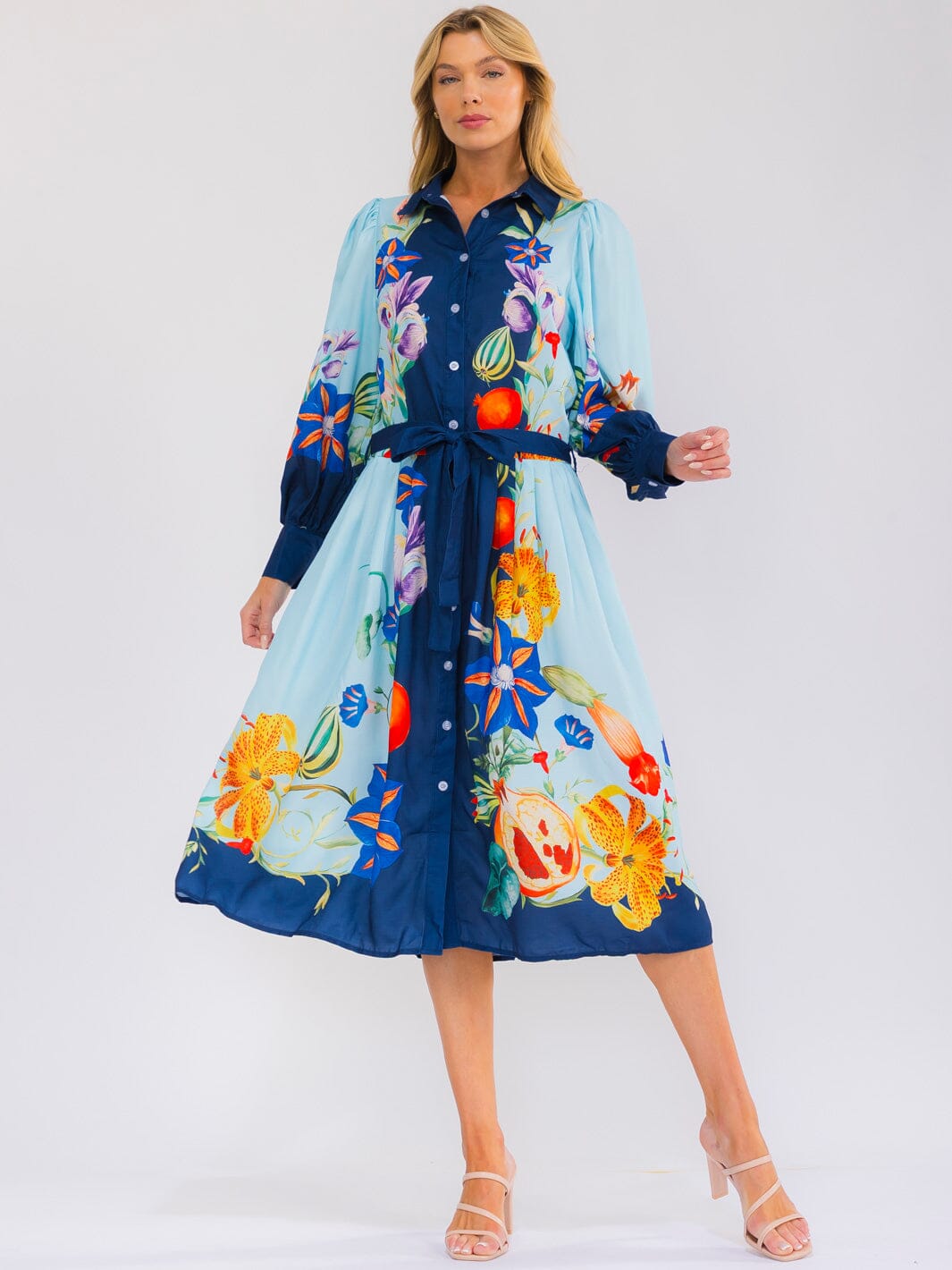 WOMEN'S LONG SLEEVE SELF TIE BUTTON UP MULTI PRINT MIDI DRESS