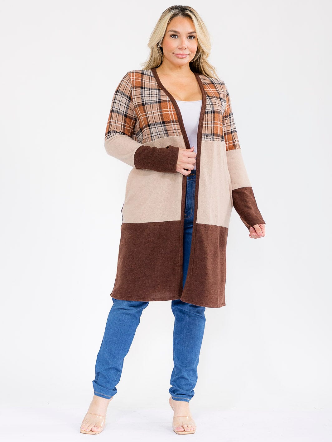 PLUS SIZE LONG SLEEVE OPEN FRONT POCKETS COLORBLOCK PLAID CARDIGAN